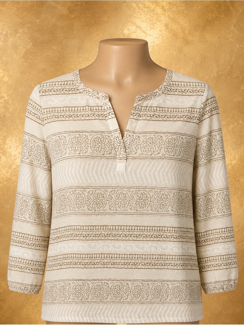 Ralph Lauren Woman’s Boho Gold Thread Cream and Beige Patterned Split-Neck Tunic